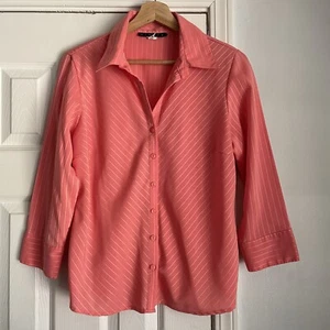 Ninety Y2K Sheer Pink Stripe Office Siren 3/4 Sleeve Button Down Collar Blouse L - Picture 1 of 7