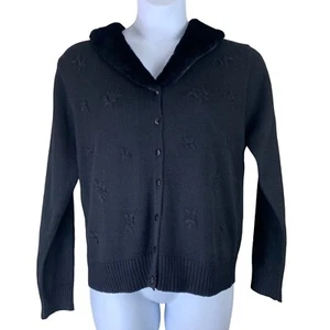 Large Sweater Faux Fur Collared Cardigan Button Up Black Floral Embroidery  - Picture 1 of 4