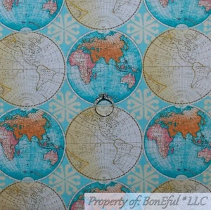 BonEful FABRIC FQ Cotton Quilt Aqua Blue Gold Old World Map Globe Nautical Dot L - Picture 1 of 14