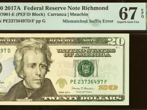2017A $20 FRN PMG 67EPQ rare mismatched suffix error (PEF/D) 2nd most graded - Bild 1 von 4