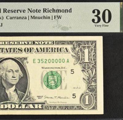 2017 $ Federal Reserve Note PMG 30 - Fancy Serial Number 35200000 - Image 1 of 3