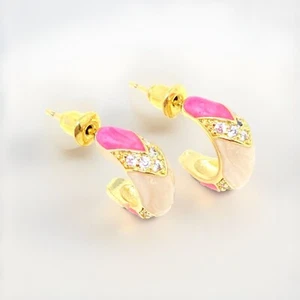 18K Gold Plated,CZ, Pink/Milky White Enamel Dome/Bean Huggie, Mini Hoop Earrings - Picture 1 of 4