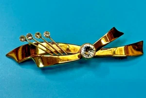 Large Ribbon Bow with Rhinestone Accents NOS Gold Tone Fashion Brooch Pin - Picture 1 of 17
