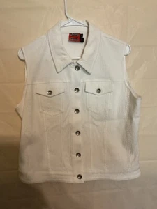 Simon Chang Vest Women’s size 14 White Button up Collared  Stretch Textured - Picture 1 of 11