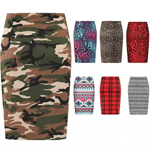 Womens Animal Aztec Check Stripe Print Stretch Ladies Pencil Midi Skirt - Picture 1 of 29