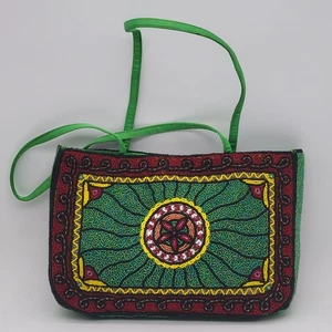 Barse Hand-Beaded Satin Purse Green Red Gold Boho Shoulder Bag - Picture 1 of 10