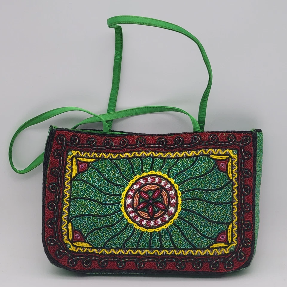 Barse Hand-Beaded Satin Purse Green Red Gold Boho Shoulder Bag - Image 1 of 4