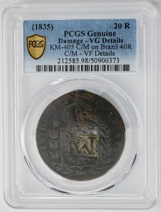 (1835) Brasil Provincial 20 Reis KM-405 C/M On Brazil 40R C/M VF Details PCGS  - Picture 1 of 3