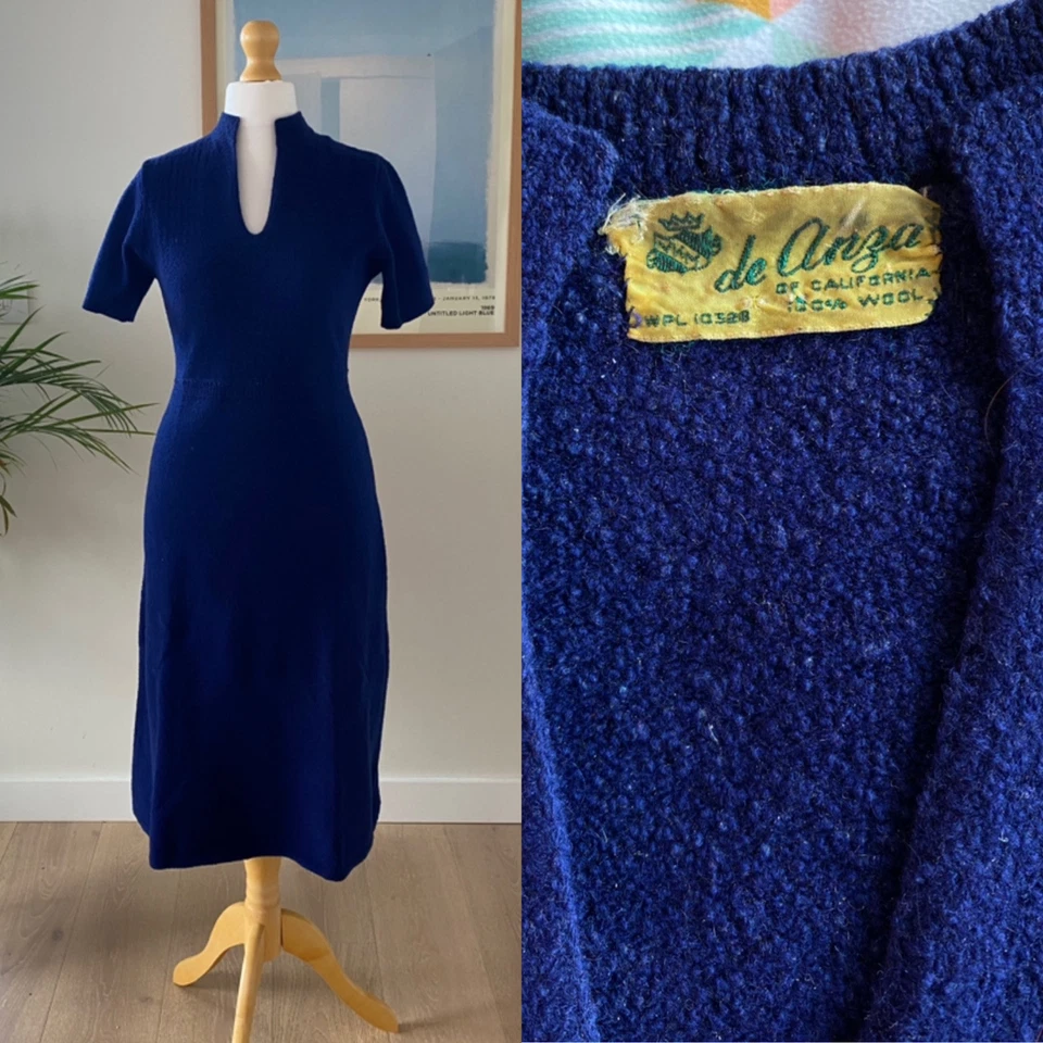 Vintage 1950s de Anza Bouclé Knit Sweater Dress Wiggle Pencil 100% Wool Navy S/M - Image 1 of 4