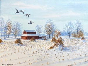 PHYLLIS WHITWORTH (INDIANA) VTG SIGNED ORIG OIL PAINTING WINTER LANDSCAPE - Picture 1 of 5