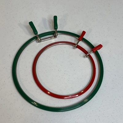 2 Vintage Spring Squeeze Pinch Tension Plastic & Metal Embroidery Hoops 7” & 5” - Image 1 of 4
