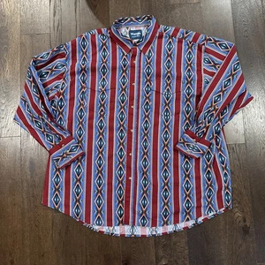 Wrangler Western Pearl Snap Shirt Men 3XL Blue Aztec Cowboy Southwestern Rodeo - Picture 1 of 9