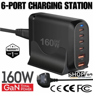 6-Port USB Charging Station 160W GaN PD Charger for iPhone & Samsung - UK Plug - Picture 1 of 11