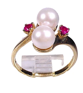 Two 6.5mm Natural Pearl and ruby Ring 10K Solid Yellow gold Gold - Picture 1 of 5