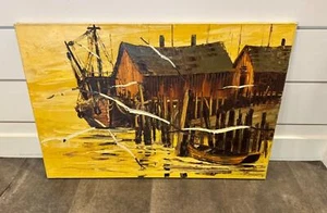 CHARLES J. BEAUVAIS 1968-OIL PAINTING “IN PORT” OCEAN PIER VILLAGE ORIGINAL - Picture 1 of 5