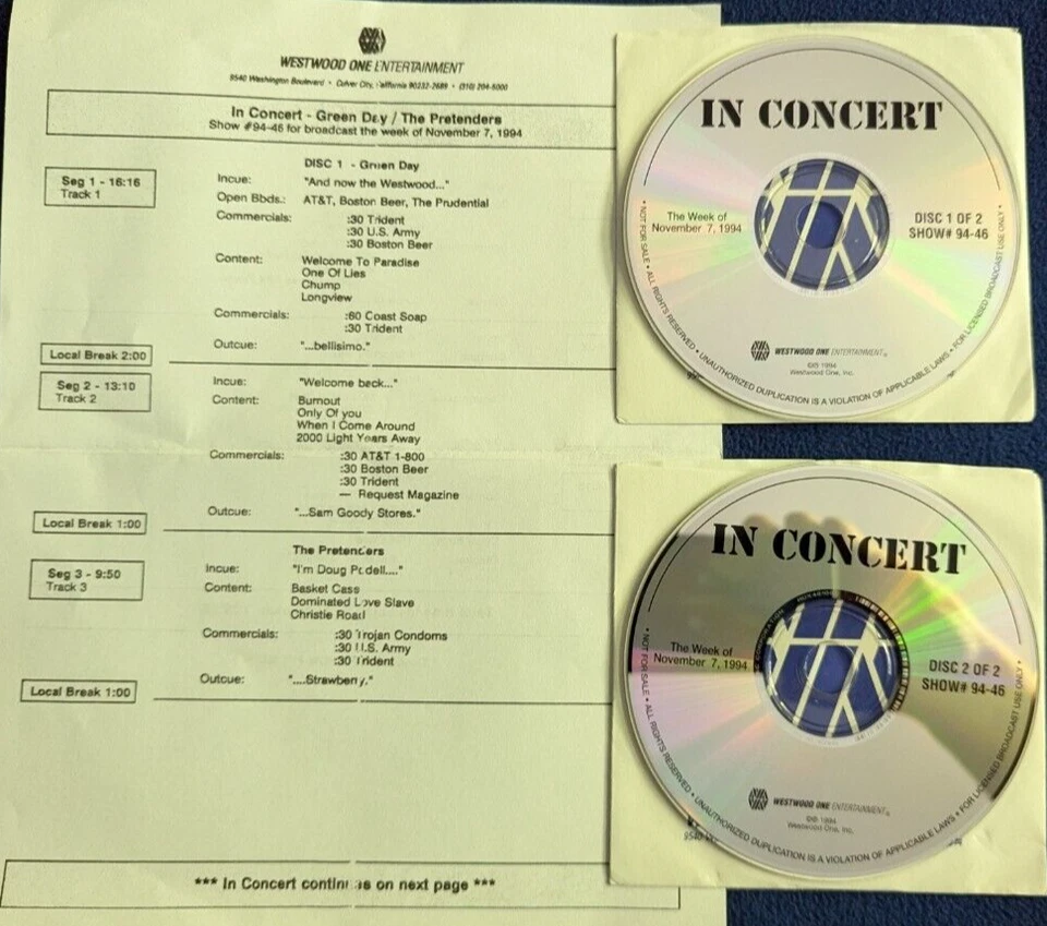 Green Day & Pretenders Westwood One In Concert live radio show 11/7/94 #94-46 Foto 1 de 1