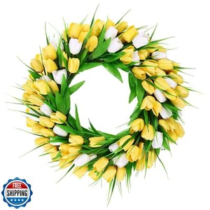 U'Artlines 20 Inch Tulip Wreath for Front Door, Spring Summer Silk Wreath wit - Picture 1 of 5