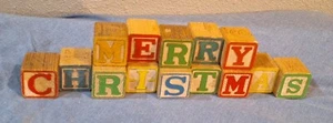 MERRY CHRISTMAS - Vintage/Antique Toy Alphabet Wooden Blocks Shelf Decoration  - Picture 1 of 8