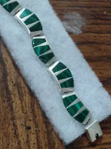 De Colección Calidad Hecho a Mano 950 Plata México Malaquita Incrustación 8 1/2""L - Imagen 1 de 11
