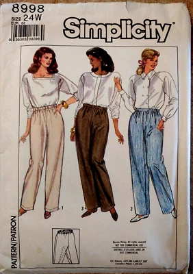 1989 SIMPLICITY 8998 Women's PANTS Elastic Waist CROTCH GUSSET 24W Uncut Pattern - Image 1 of 4