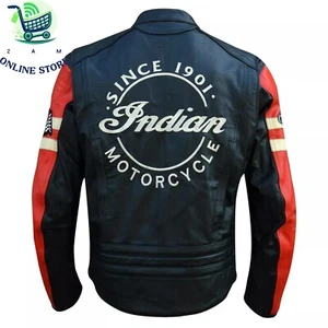 New Men's Indian Motorcycle Black & Red Genuine Cowhide Biker Leather Jacket - Picture 1 of 4