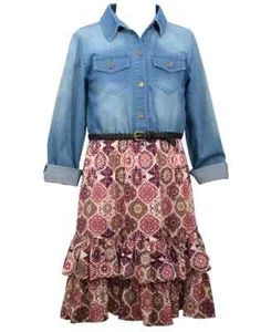 Little Girls Long-Sleeved Denim Shirt Dress with Belt Skirt Set, 2 Piece Size: 4 - Picture 1 of 3