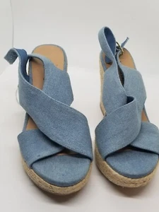 American Eagle Denim Wedge Sandal - size 7 - Peep Toe - Cross Strap - Espadrill  - Picture 1 of 8