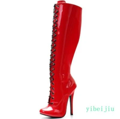 Women's Sexy Pointed Toe Stiletto Heel Knee High Boots Lace Up Party Club Shoes - Image 1 of 4