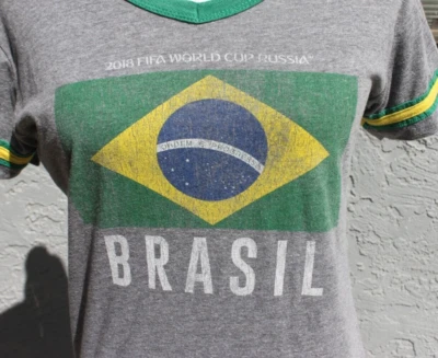 FIFA  BRASIL 2018 WORLD CUP Woman T-Shirt Size Medium Gray Green V-Neck Short Sl - Image 1 of 4
