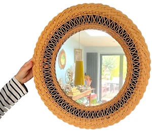 VINTAGE FRENCH RATTAN MIRROR WOVEN MID-CENTURY 2 COMPANION MIRRORS AVAILABLE - Picture 1 of 23