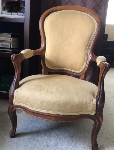Beautiful Vintage French Carved Wood Accent Arm Chair. Golden Yellow Cover