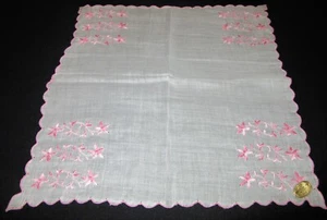 Vintage Hankie Pink Floral Embroidered Cotton Scalloped - Picture 1 of 2