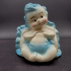 Vintage Hull Blue Glossy Ceramic Baby on Pillow Planter Nursery Vase 5 1/2" - Picture 1 of 9