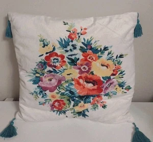 Pioneer Woman Spring Floral Tassel Throw Pillow Crushed Velvet Front 16" X 14" - Picture 1 of 4