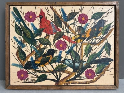 Gesner Abelard Tableau Peinture Hst Paysage Haïti Naïf Oiseau Perroquet Fleurs - Photo 1/4