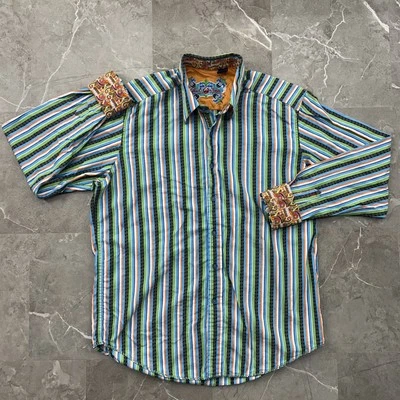 Рубашка мужская Robert Graham большая высокая в полоску отделка пейсли откидные манжеты в полоску повседневная - Изображение 1 из 4