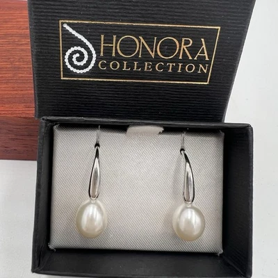 Honora Pearl Earrings Sterling Silver White Dangle Wire Modern Box Gift - Image 1 of 4