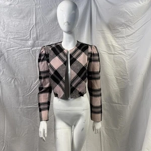 Vintage Pink Black Plaid Puff Shoulder Cropped Jacket Open Front S/M Free Ship - Picture 1 of 10