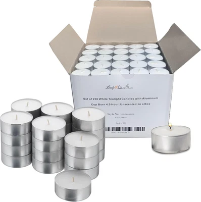 250 White Unscented Tea Light Candles in Metal Cups - 4.5 Hours Burn Time - Image 1 of 4