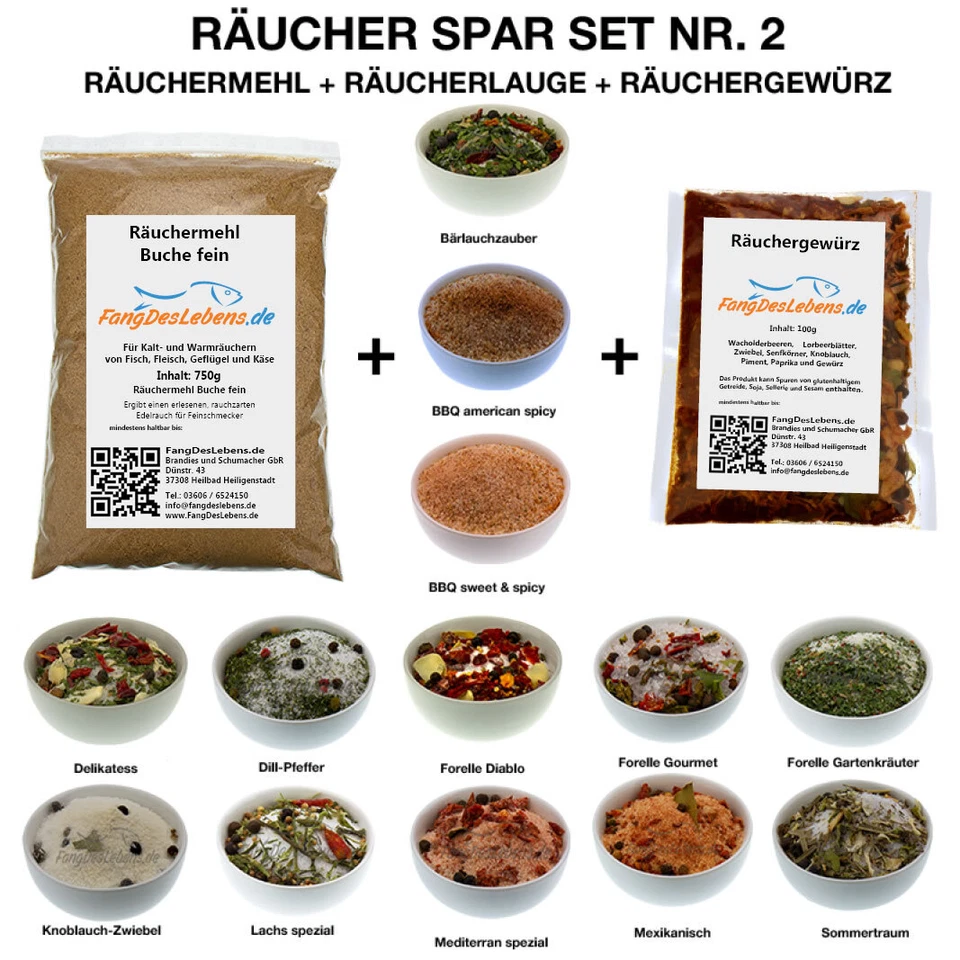 FANGDESLEBENS Räucher Spar-Set Nr. 2 - RäucherMehl, Lauge, Gewürz, spez. für Tischräucherofen