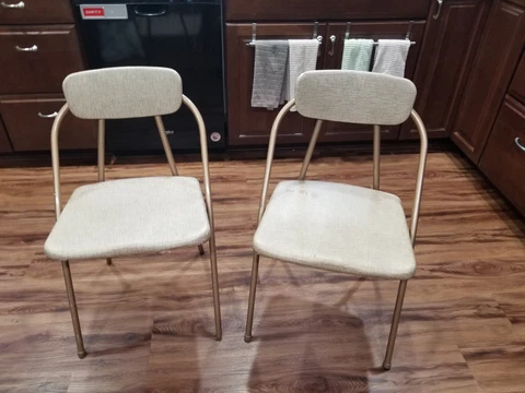 2 Vintage Hamilton Cosco Folding Chairs Tan Beige MCM Model 90 Around 1959 Cover