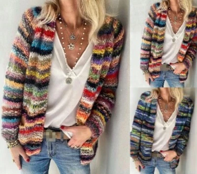 Nuevo Suéter a Rayas Arco Iris Cárdigan Tejido Delgado Mujer Suelto Informal Chaqueta Foto 1 de 4