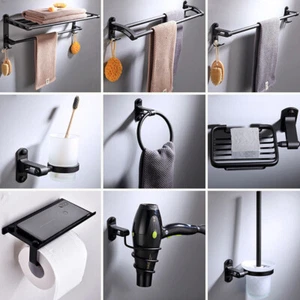 9PCS Bath Accessory Set Wall Mounted Bathroom Hardware Black Aluminum Towel Bar - Picture 1 of 12