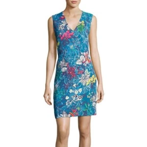 Peter Pilotto Runway Sleeveless V-Neck Blue Botanical-Print Mini Sheath Dress 4 - Picture 1 of 9