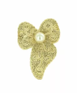 Large Gold Bow Brooch Pin Pearl Center Topaz Crystals - Picture 1 of 2