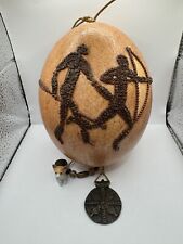 Hand Decorated Ostrich Egg Tribal Hieroglyphics Artwork Hanging With Medal