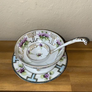 Vintage Nippon Soup Cup Footed Spoon Plate Moriage - Picture 1 of 6