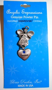 Gloria Duchin Pewter ANGEL DREAM Dangle Heart Pin Swarovski Crystals Signed - Picture 1 of 4