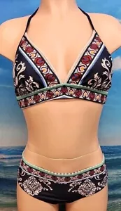 NWT Cupshe Womens Two Piece Bikini Small Blue Pink Red Navy Mustard Abstract - Picture 1 of 5