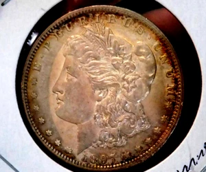 MORGAN SILVER DOLLAR 1897 O RARE DATE HIGH GRADE PASTEL TONED ORIGINAL AU/BU WOW - Picture 1 of 6